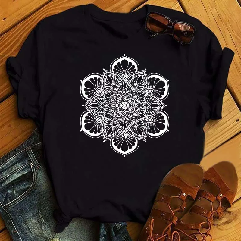 Maycaur New Mandala Floral Printed T Shirt Women Casual Fashion T-shirt Loose Short Sleeve 90s Girls Aesthetics Black Tshirt Top