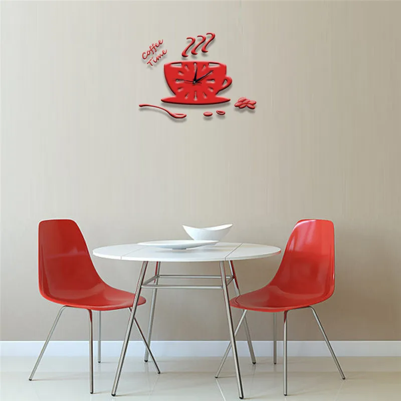 Red Coffee Cups Clock Wall Stickers Modern Design 3D DIY Acrylic Stiker Horloge Watch Kitchen Leisure Place Bedroom Home Decor