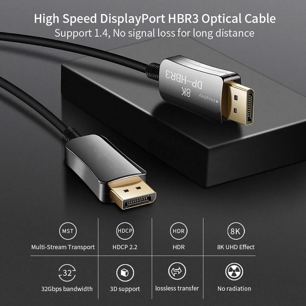 

Fiber DisplayPort Cable 8K 4K Displayport 1.4 1.2 Cable HBR3 8K@60Hz 4K@144Hz 32.4Gbps Slim and Flexible DP to DP Fiber Cable