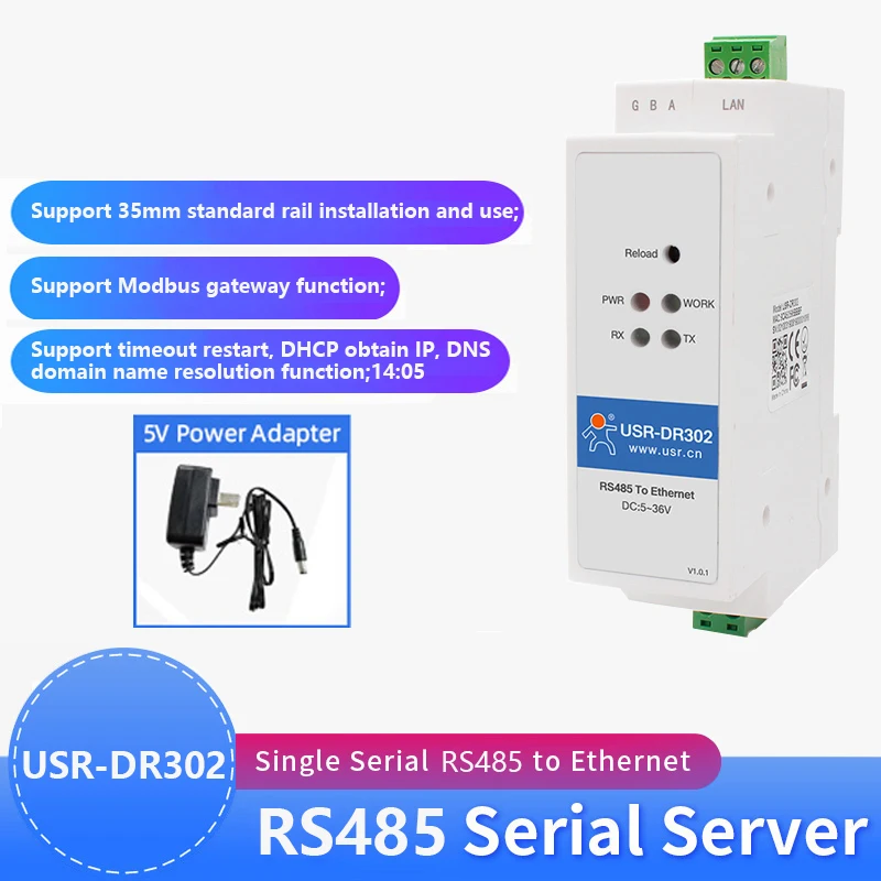 

USR-DR302 Din Rail Serial RS485 to Ethernet TCP IP Server Module Ethernet Converter Modbus RTU to Modbus TCP unit RS485