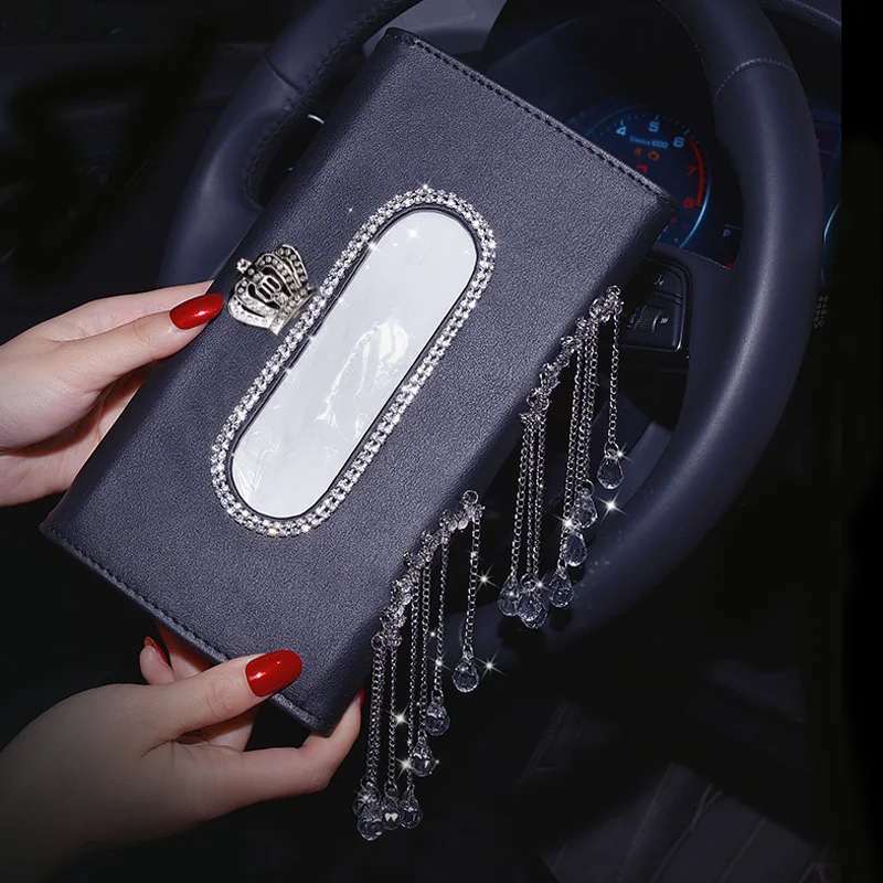 Creative Crystal Tassels Car Tissue Holder Bag Sun Visor Hanging Diamond Crown Leather Auto Tissue Paper Box For Car Accessories