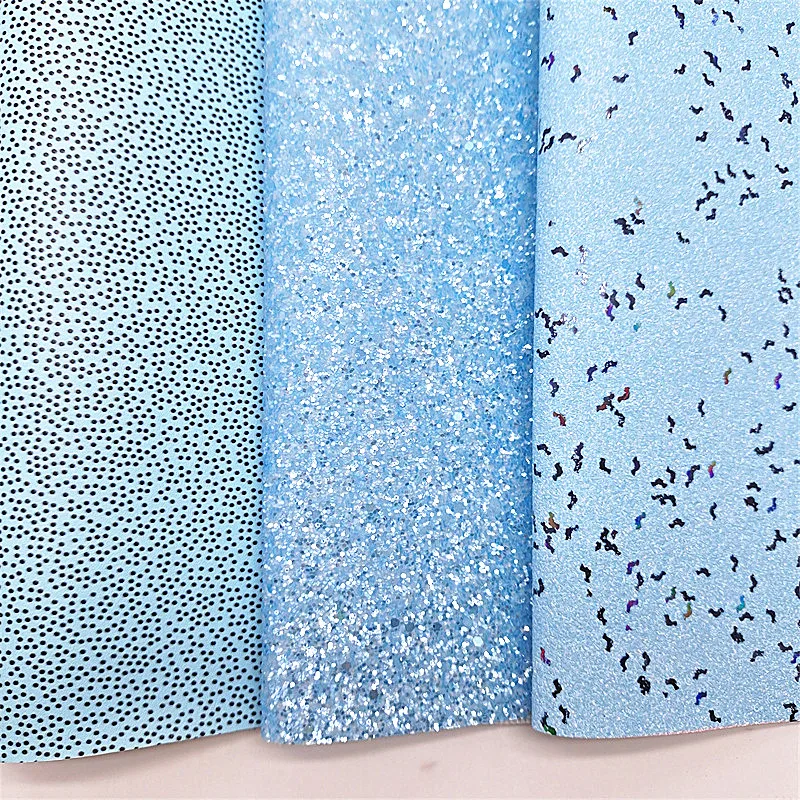 3PCS/SET Blue Glitter Vinyl Fabric Matching with Bat Glitter Polka Dots Printed Faux Leather For Bows Earrings DIY 21X29CM Q065