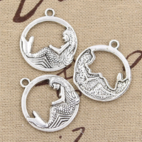 15pcs Charms Circle Mermaid 26x23mm Antique Silver Color Pendants DIY Crafts Making Findings Handmade Tibetan Jewelry