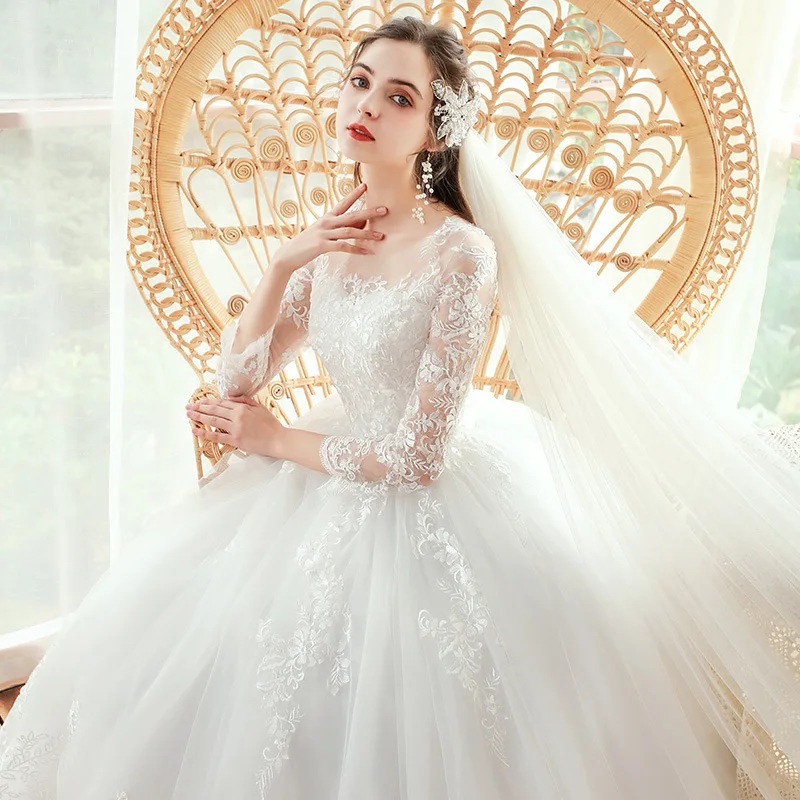 Vestido De Noiva 2022 New Elegant O-neck Wedding Dress Lace Embroidery Long Sleeve Wedding Gowns Floor-length Bridal Dress