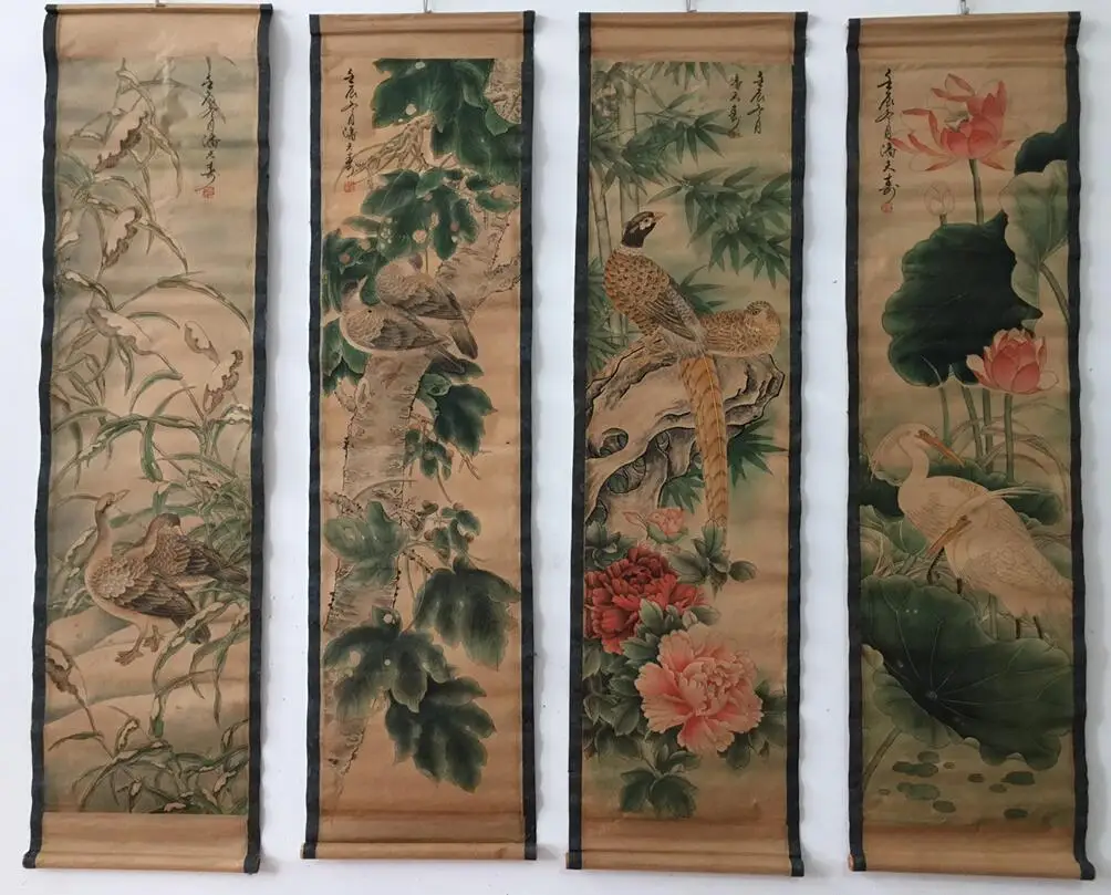 

Archaize Flowers birds Calligraphy painting four screen Study room sitting room hangs picture