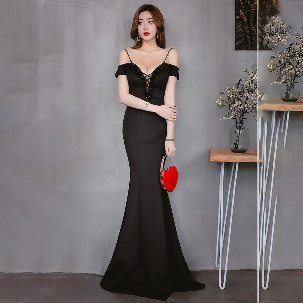 

Beauty-Emily Sexy Sling V Neck Evening Dresses Long Mermaid Formal Party Dress Prom Gown Tassel Open Back Dress Vestido de noche