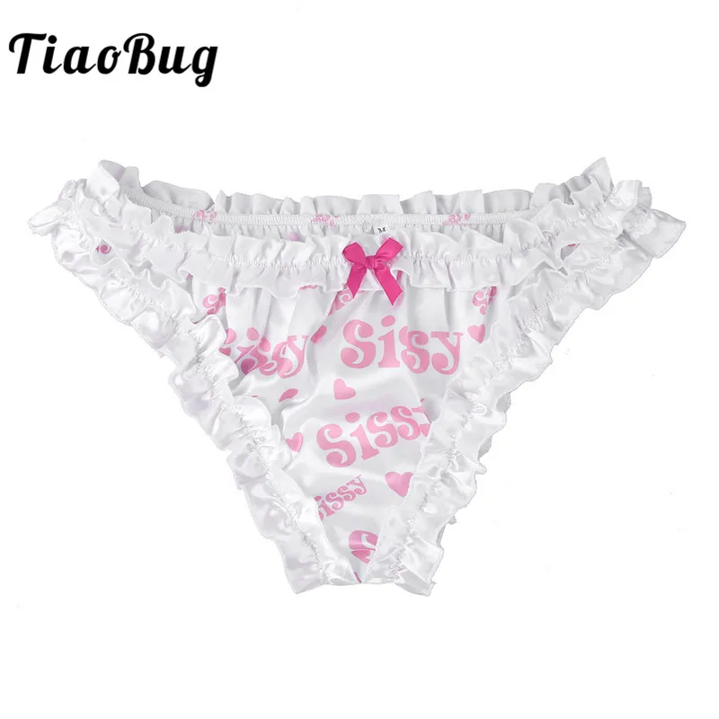 TiaoBug Men Lingerie Frilly Ruffled Sissy Panties High Cut Knickers Letter Printed Satin Bikini Briefs Hombre Sexy Gay Underwear