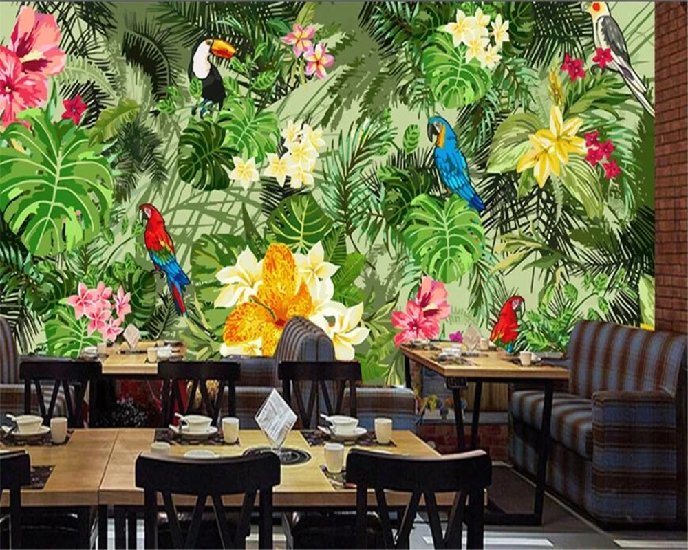 Wellyu personalizzato grande murale disegnato a mano pappagallo foresta pluviale tropicale pianta tropicale cartone animato sfondo parete carta da