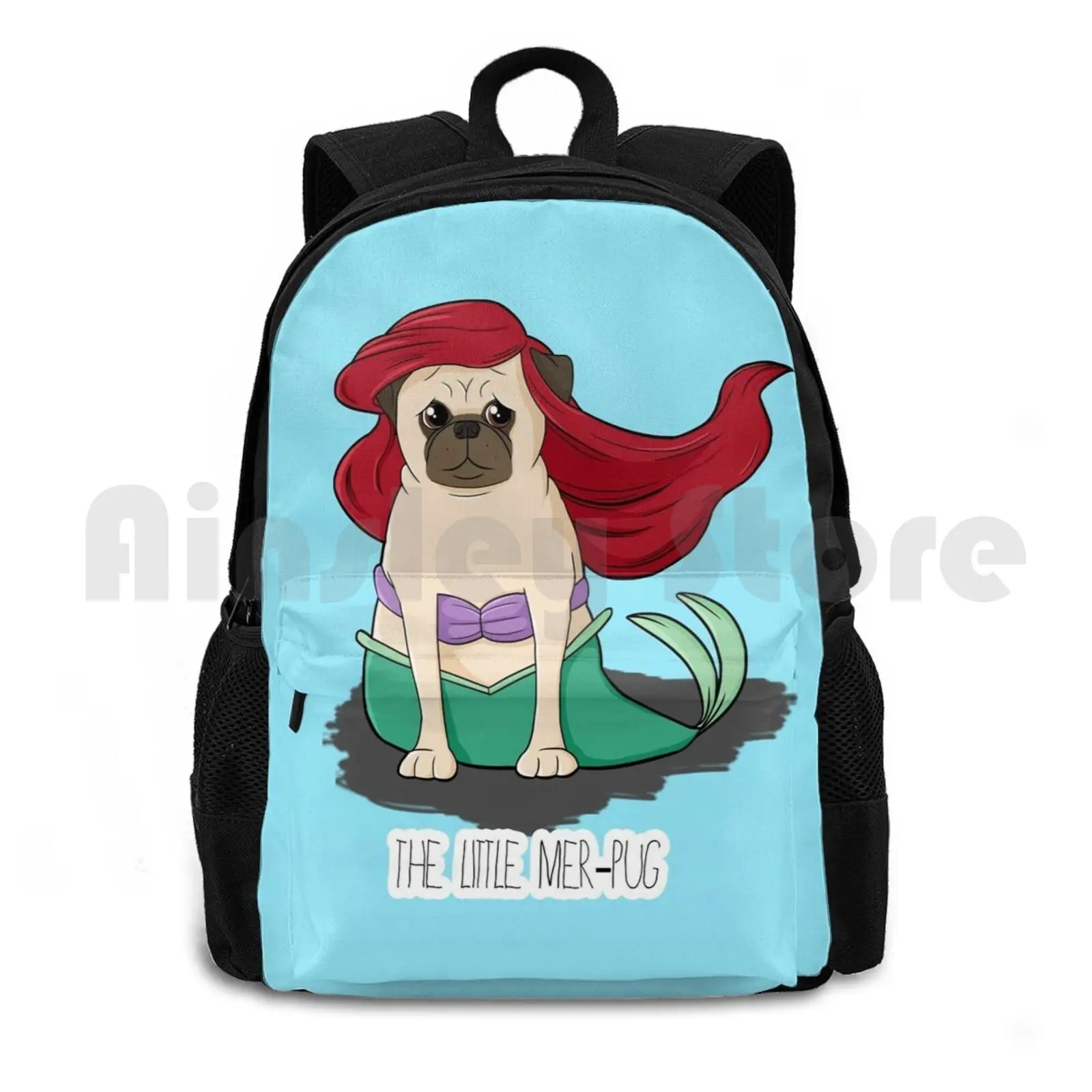 The Little Mer-Pug Outdoor Hiking Backpack Waterproof Camping Travel Pug Cute Funny Parody The Little Mermaid Mermaid Mer Pug