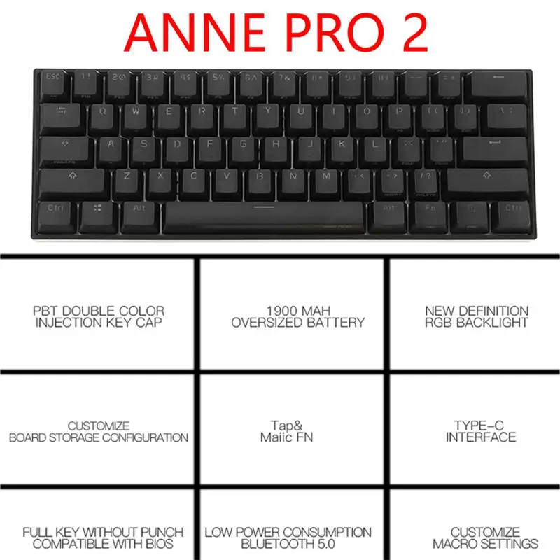 Anne Pro 2 RGB Mechanical Gaming Keyboard 60% 61 Keys Wireless Bluetooth 5.0 Gateron Blue Switch Portable Detachab Mini Keyboard