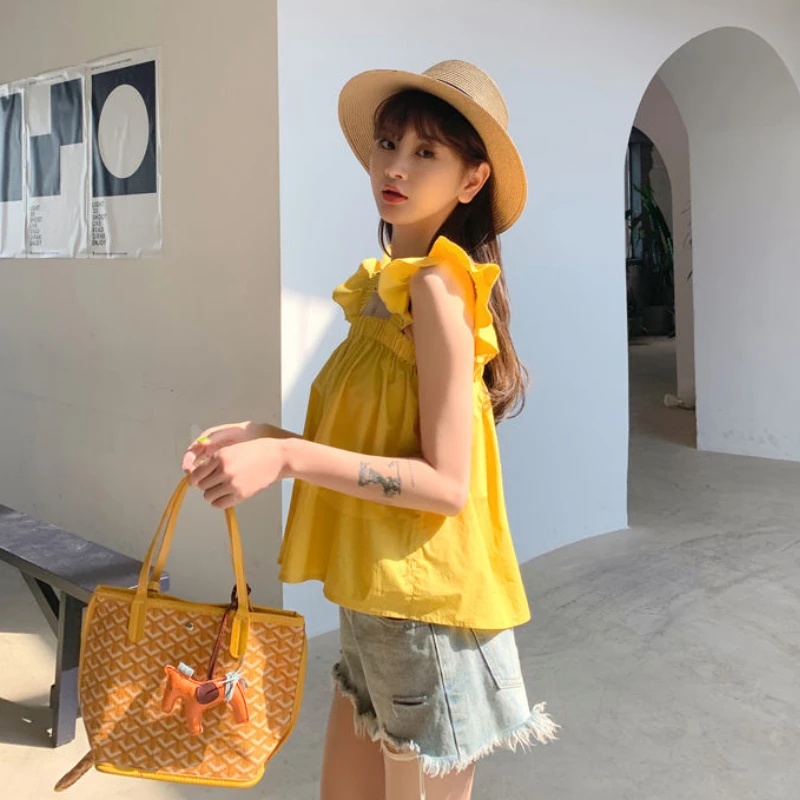 Tanks Frauen Kawaii Solide Französisch Stil Alle-spiel Casual Sommer Rüschen Mode Grundlegende Jugendliche Einfache Crop Tops Neueste Mädchen gemütliche