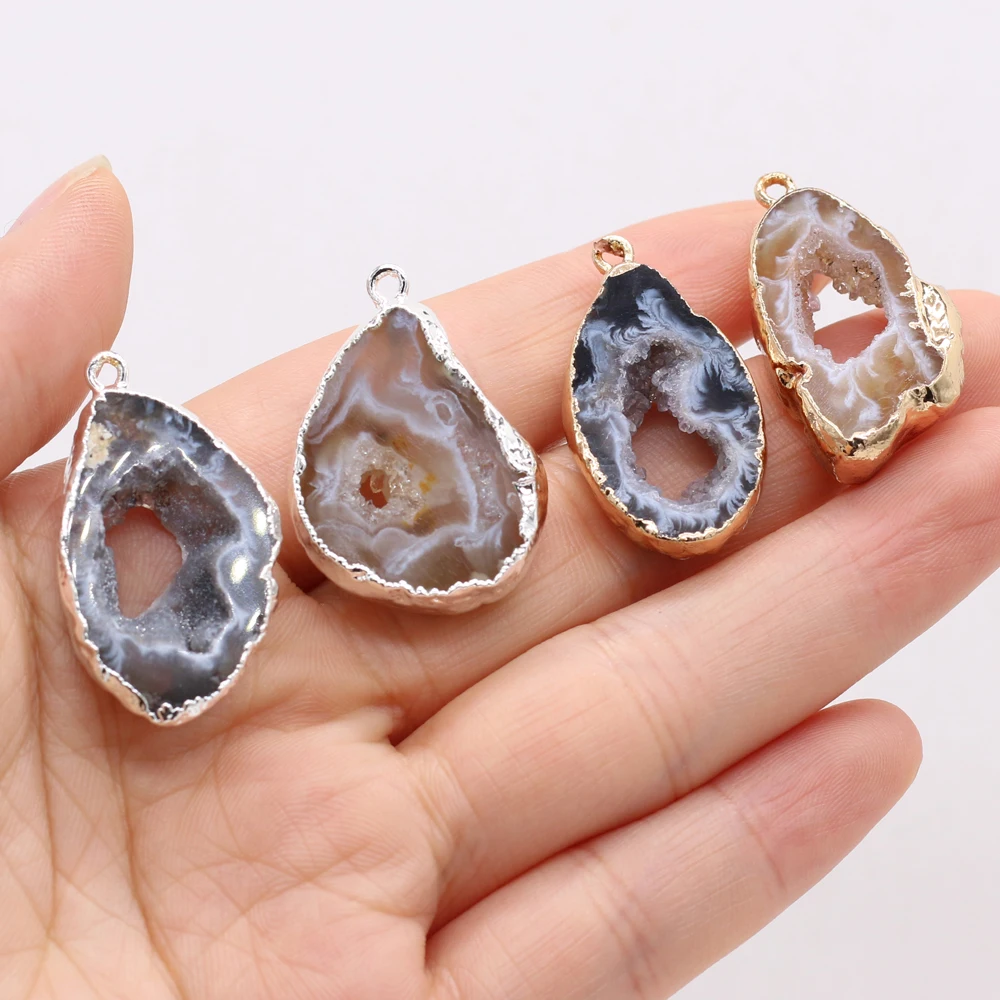 Natural Semi-precious Stones Black Agate Grey Agate Pendant DIY 15x25-20x30mm for Jewelry Making Necklaces Accessories Gift