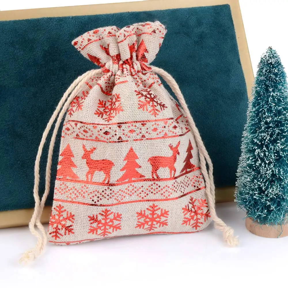10pcs/lot Linen Christmas Cotton Bags 10x14 13x18cm Candy Gifts Jewelry Packaging Bags Drawstring Gift Bag & Pouches