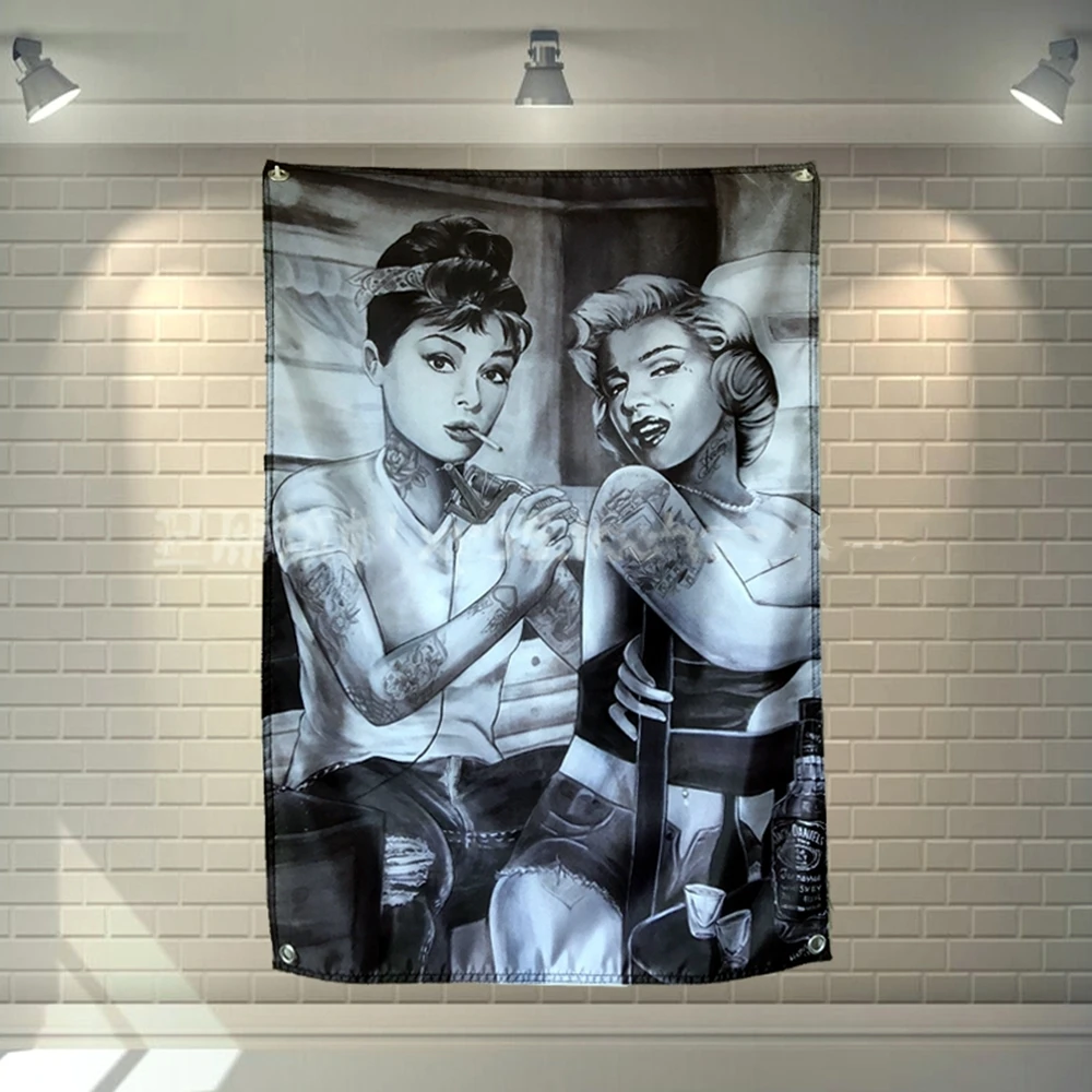 Tattoo Flag Banner Sexy lady Beauty and Art Home Decoration Hanging flag 4 Gromments in Corner Canvas Painting Tapestry Mural