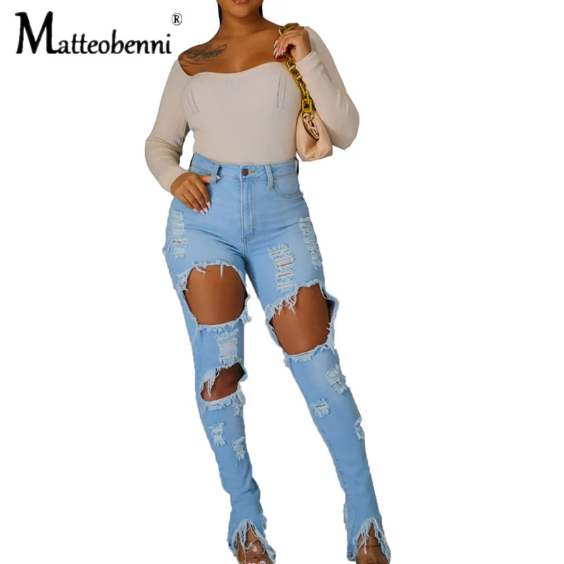 

Sexy Ripped Jeans Women Bodycon Fashion Club Hole Denim Pants Female Casual High Waist Hollow Out Tassel Pencil Jeans Vestidos