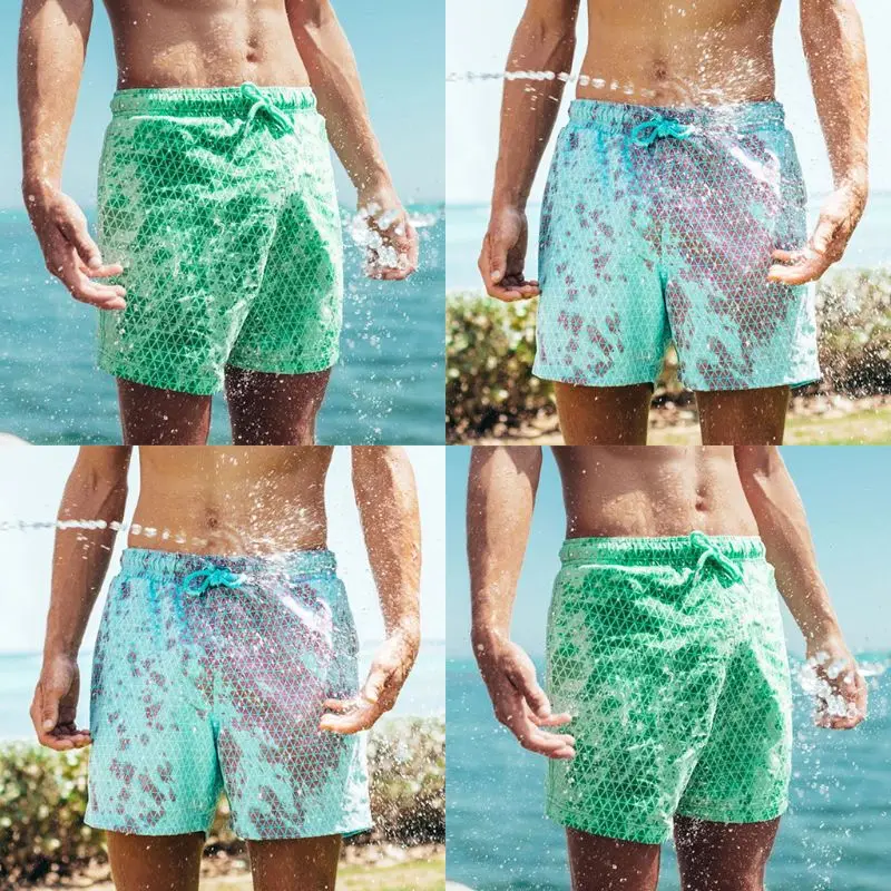 Men Magic Color Changing Swim Trunks Water Discoloration Surf Beach Board Rhombus Plaid Shorts Quick Dry Sport Pants