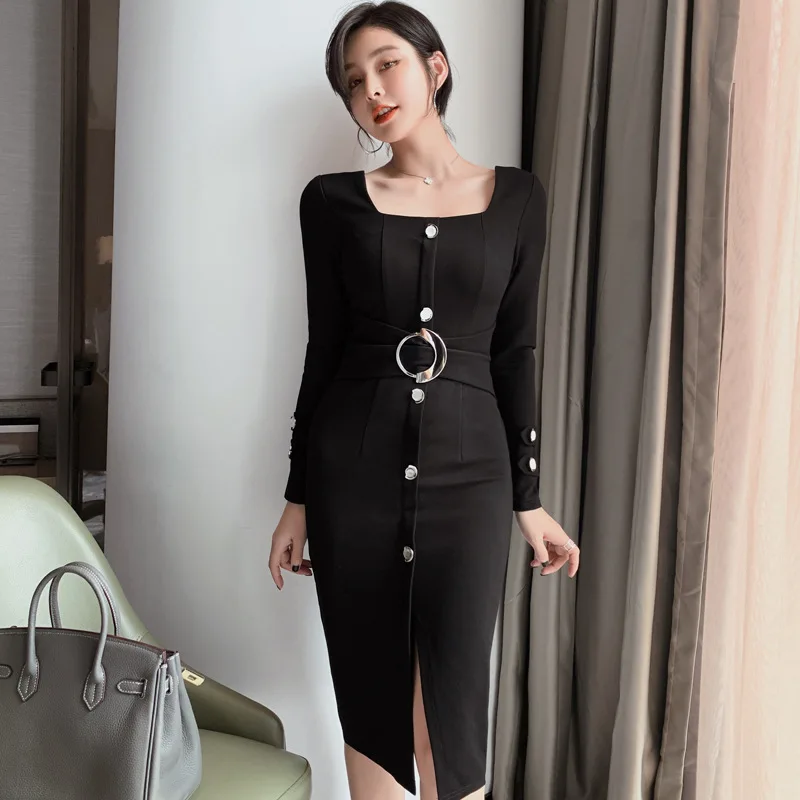 

Spring Office Black Bodycon Wrap Dresses Square Collar Long Sleeves High-end Women Dress Office Bandage Vintage Sexy Party Dress