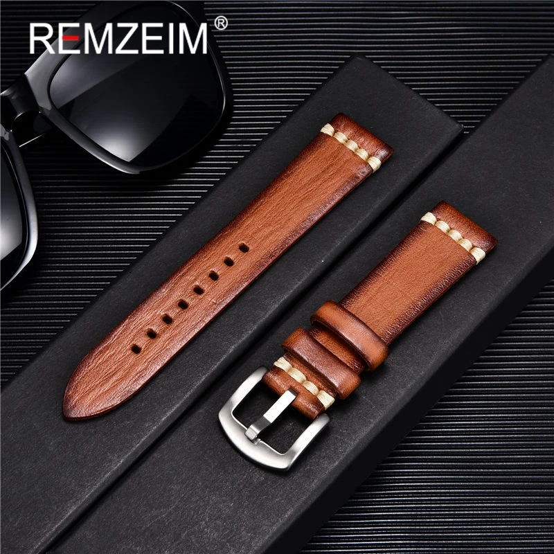 REMZEIM Wax Oil Skin Watch Straps 18mm 20mm 22mm 24mm Red Green Blue Vintage Genuine Leather Watch Band Calfskin Watch Straps