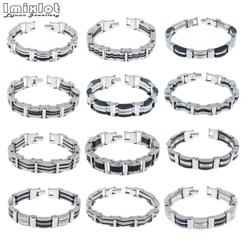 40 Style Men\'s Stainless Steel Link Chain Bracelets & Bangles Rubber Wristband Men Bicycle Motorcycle Black Silicone Bracelet