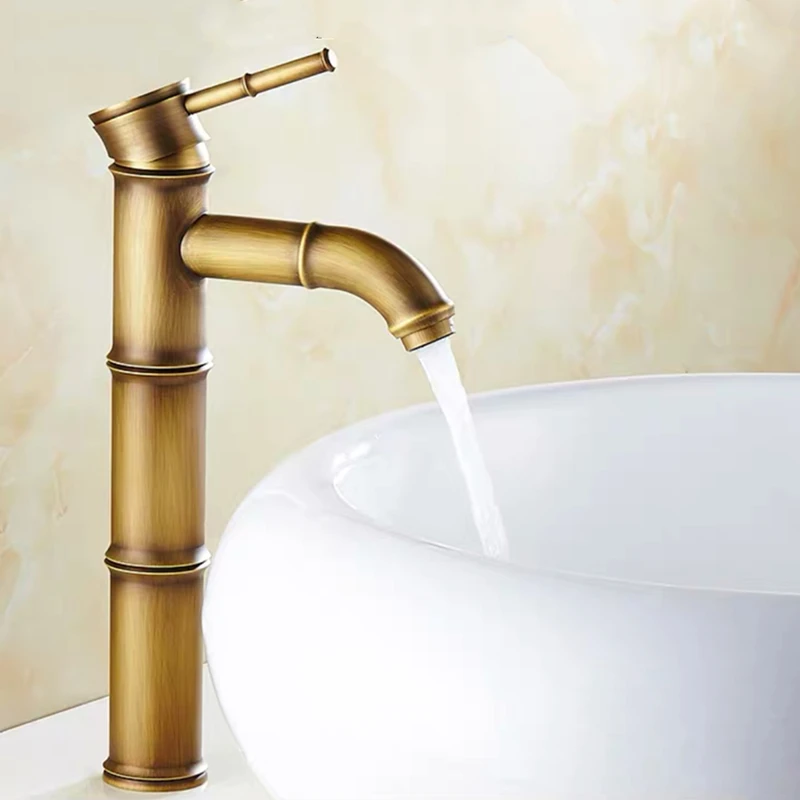 Antique Copper Single Hole Waterfall Basin Faucet Bamboo Joint Design Bathroom Mixer Taps for Cold Hot Water Kitchen Sink