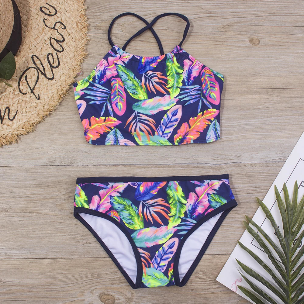 Feather Print Kids Girls Bikini Set 2024 New Bandage Children Swimsuit Summer Baby Two Piece Swimwear Biquini Infantil A298