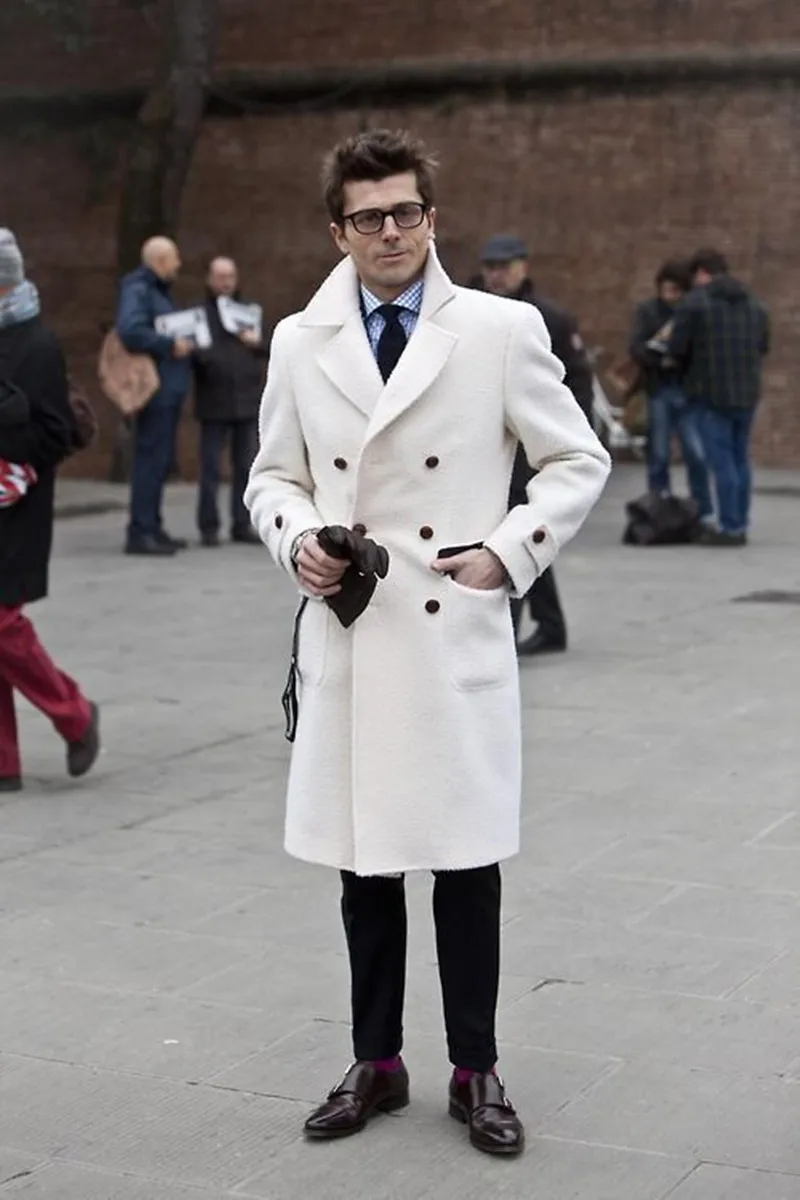 Solid White England Style Woolen Overcoat Men\'s Thick Plus Double-Breasted Long Coat Casual Winter Fashion Warm Jacket
