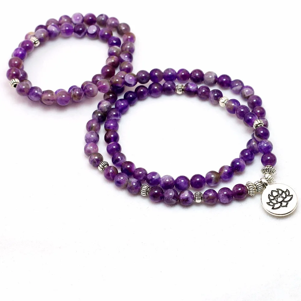 Natural Purple Crystal Chakra 108 Buddha Mala Bracelet or Necklace Yoga Mala Stone Bracelet for Women Lotus Jewelry