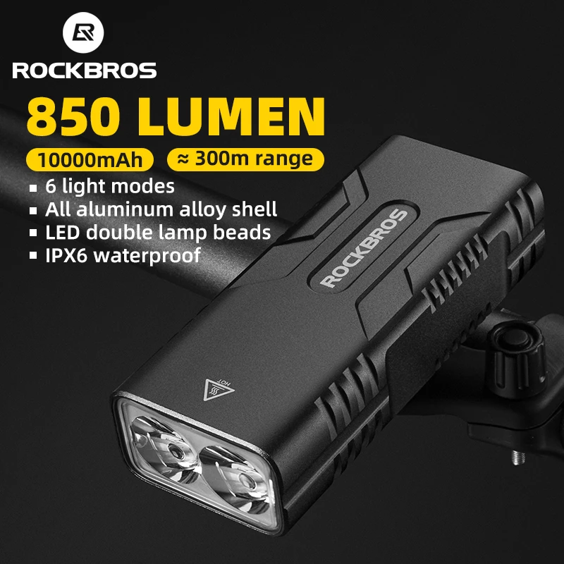 ROCKRBOS Bicycle Light Headlight 10000mAh Aluminum Alloy USB Power Bank 850Lumen Rechargeable Waterproof Front MTB Bike Lights