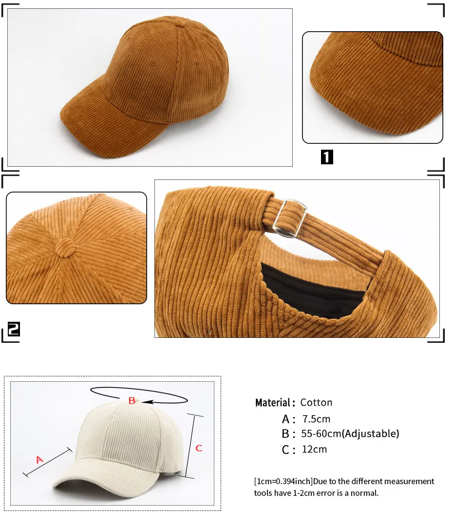 CNTANG Neue Cord-Baseballkappe für Damen und Herren, modische Snapback-Kappe für Herbst und Winter, Hip-Hop-Kappen, lässige Vintage-Markenhüte, Unisex – Detail 2