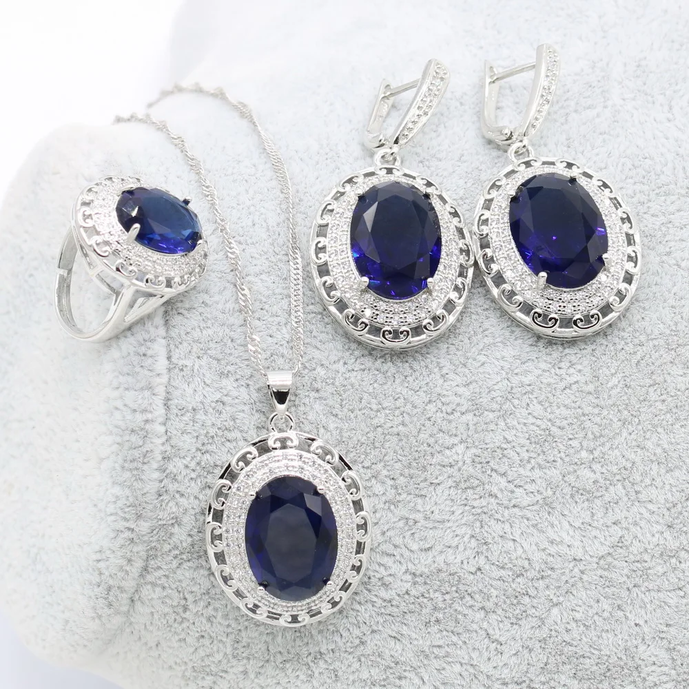 Big Blue sapphire Zirconia Silver Bridal Jewelry Sets Women Wedding Costume Necklace Sets Ring Earrings Pendant Bracelet