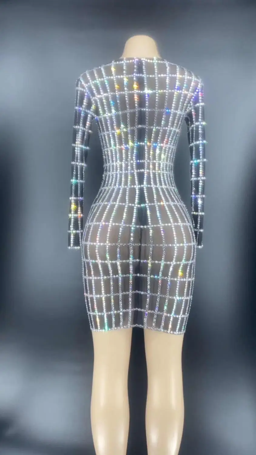 جديد سباركلي الراين فستان شبكي شفاف المرأة عيد ميلاد احتفال حفلة الزي بار المغني طويلة الأكمام الرقص فساتين قصيرة