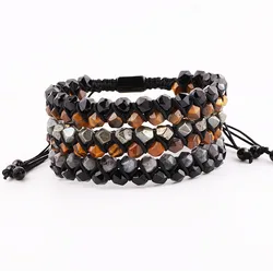 New Fashion Natural Stone Faceted Black Agate Pyrite Brown Tiger Eye Macrame Adjustable Bracelet Men Jewelry Gift