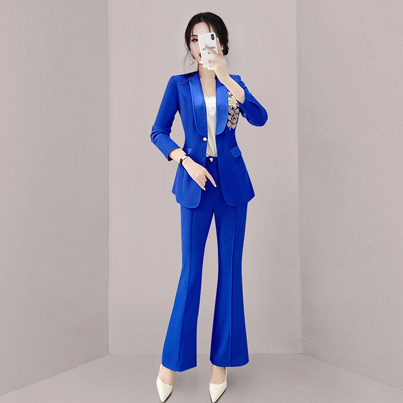 2022 Runway High-End Women's Suit 2 Pieces Set Spring Autumn Fashion Beading OL Bussines Office Lady Blazer Flared Pants Suits