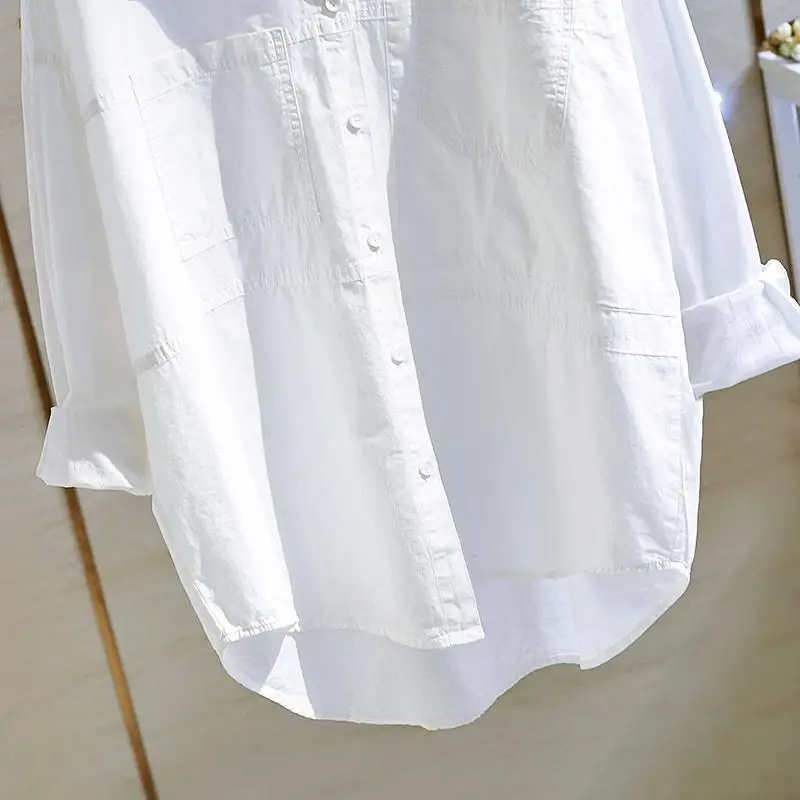 Oversize Shirts Womens 2021 Korean Fashionable Double Pocket Long Sleeve Cotton White Tops Female Boy Friend Style Trend Blouse