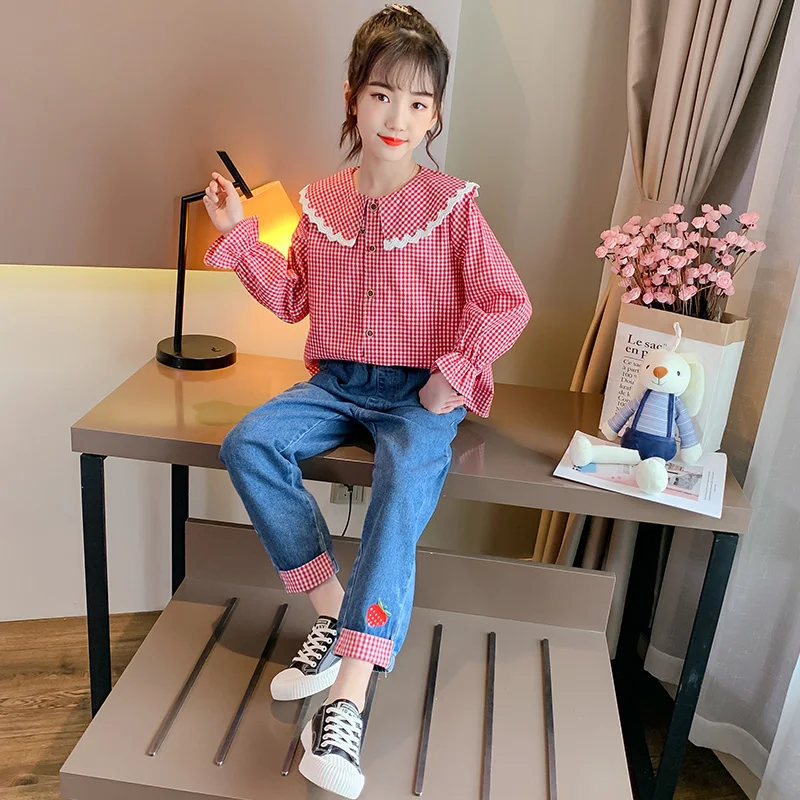 

Girls Clothing Set Spring Autumn Kids Long Sleeve Plaid Shirt + Denim Pants 2Pcs School Children Clothes Girls Suit 4 6 8 10 12Y