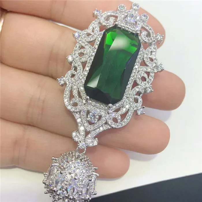 1 Pcs 30x65mm Green CZ Micro Pave Silver Plated Jewelry Pendant