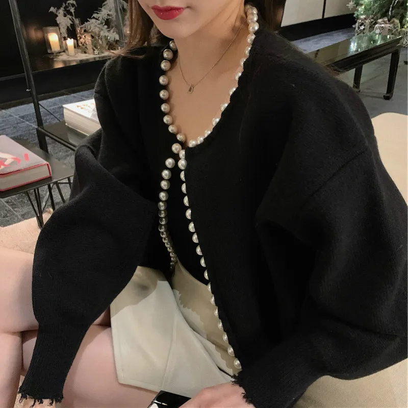 

Women Elegant Pearls Trimmed Knit Cardigan Sweater Coat OL Pullovers Beading Jacket OL Crop Tops Sueter Mujer Autumn Winter 2020