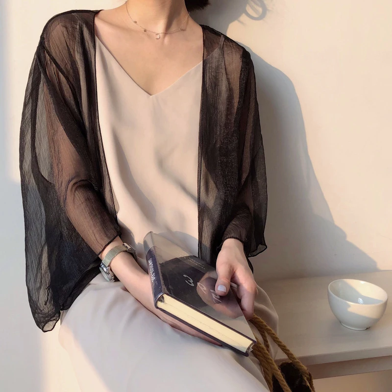 JANZHISAN Women Summer Crinkle Chiffon Cardigan Sheer Casual Beach See Through Cover Ups Transparent Loose Top For Vacation