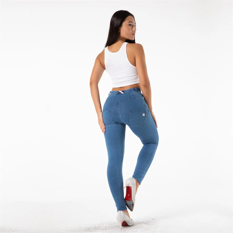 Shascullfites Melody Jeans für Damen, gerades Bein, klassisch, Stretch, blau, Scrunch-S Bum-Lifting-Jeans, mittlere Taille