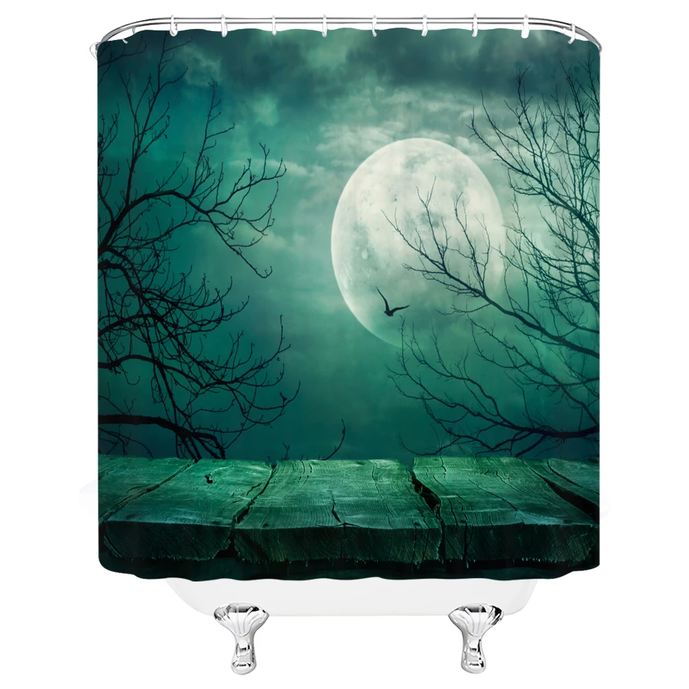 Landscape Shower Curtains Full Moon Night Dark CloudsTree Bird Field Bathroom Decor Waterproof Cloth Curtain Set Cheap