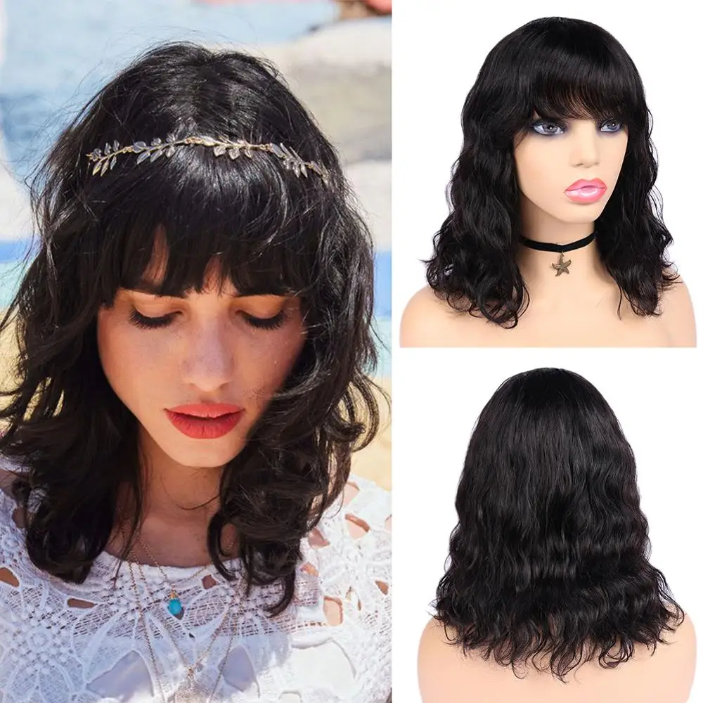 FAVE Human Hair Wigs With Bangs Natural Wave Wigs Brazilian Body Wave Human Hair Bob Wig with Bangs For Women 100% Remy Hair Wig