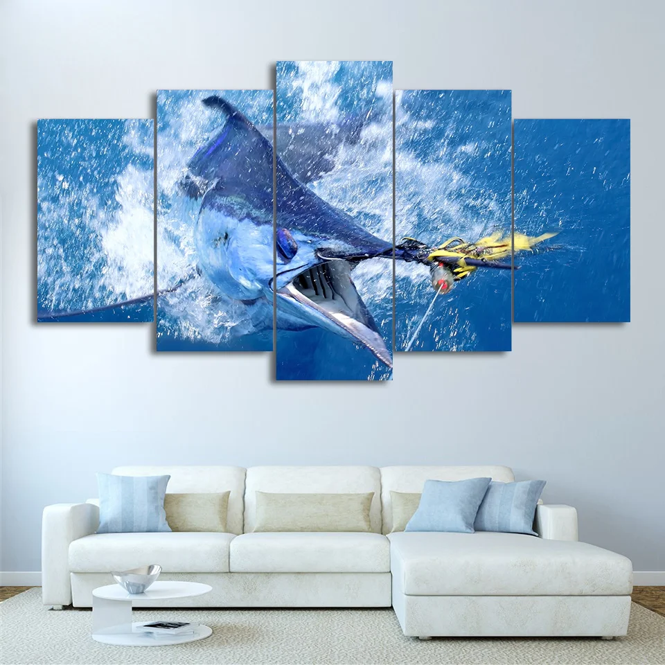 No Framed Canvas 5Pcs Jumping Marlin Tuna Fish Wall Art Posters Prints Pictures Paintings Home Decor Decorations