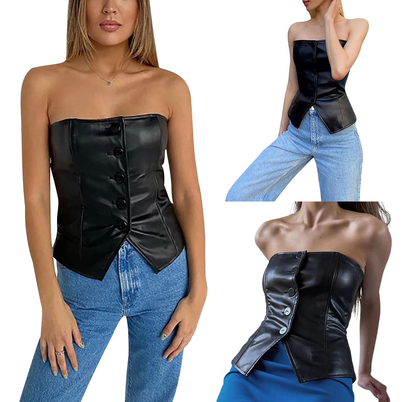 Hauts Corset Sexy pour femmes, Bustier en cuir PU boutonné de couleur unie sans bretelles à la mode