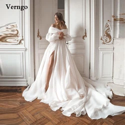 Verngo Off the Shoulder Organza A Line Wedding Dresses Long Sleeves High Side Slit Chapel Train Long Simple Bridal Dress