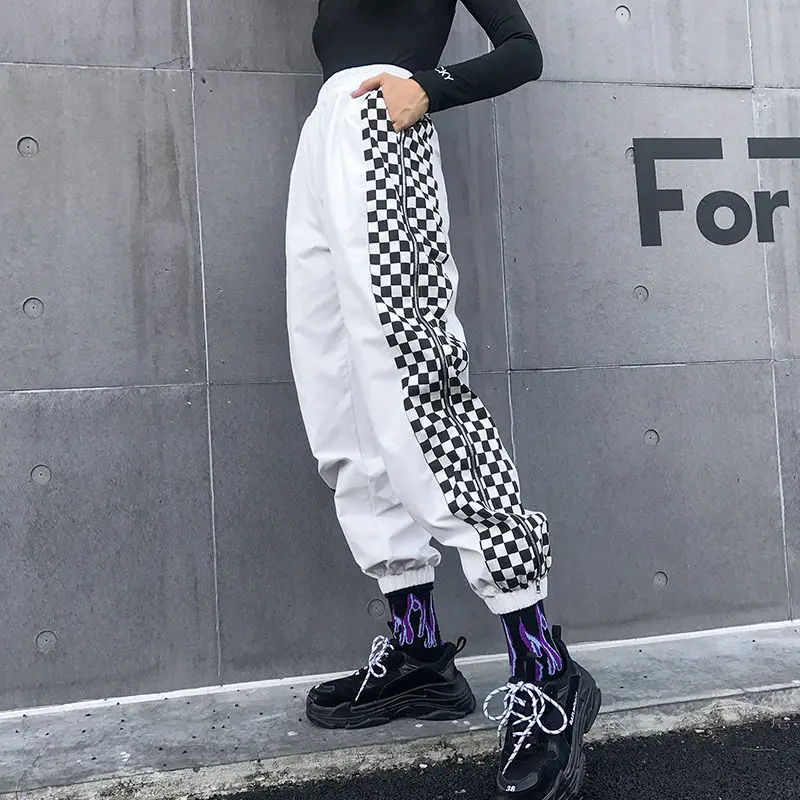 Plaid Spliced Women Sweat Pants Female Ankle Banded Striped Loose Side Zipper Full Split Jazz Trousers Checkerboard Punk Joggers