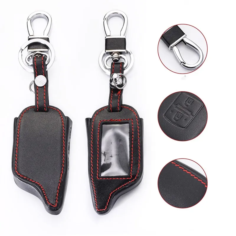 Leather Keychain Key Shell Case Cover holder For Russian Version Starline A91 lcd Two-Way Remote Car Alarm System