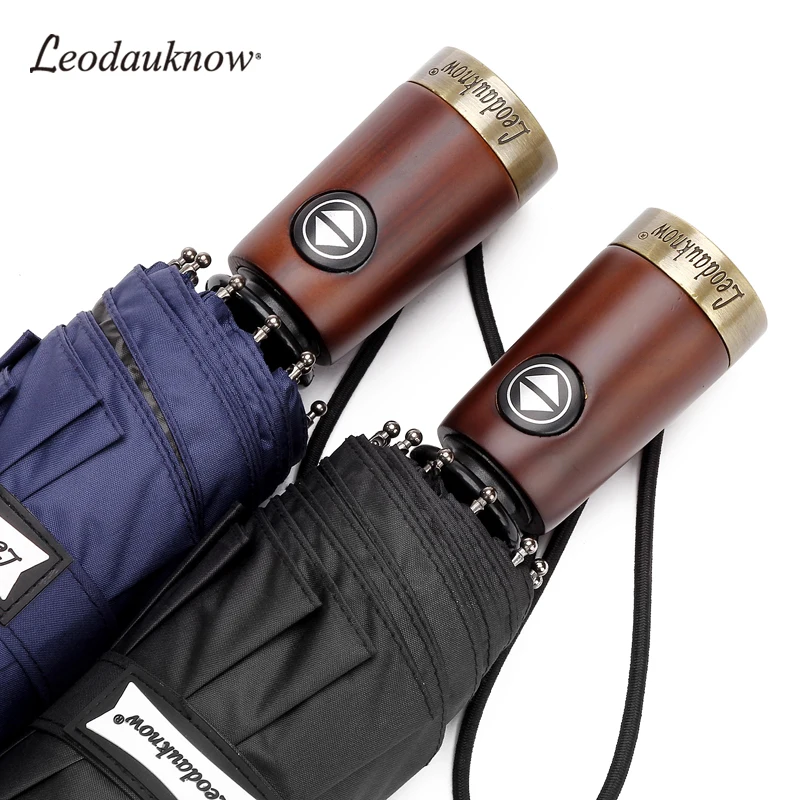 Leodauknow-Automatic Folding Umbrella for Men, Windproof Umbrella, Solid Wood Handles, Ten Bone Frames, Business, Sunshade