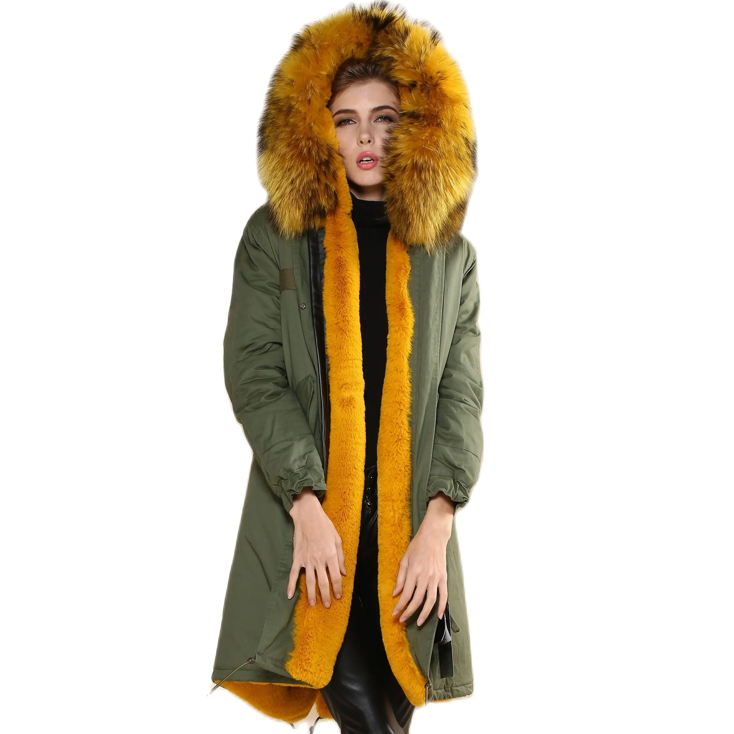 Wholesale Ladies Ginger Fur Lined Parka Synthetic Fur Jacket Long Women Clothes