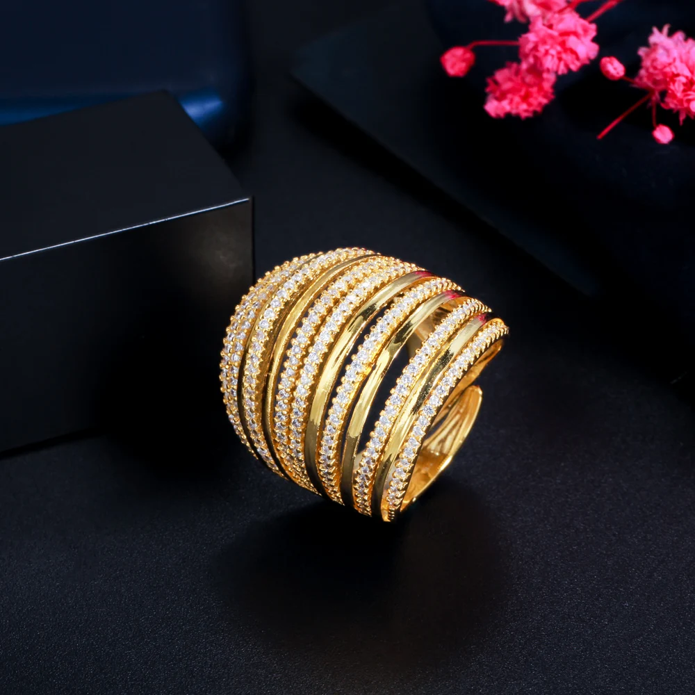 CWWZircons Adjustable Multi Layer Round Cubic Zirconia Wide Big Engagement Wedding Party Rings for Women Gold Color Jewelry R197