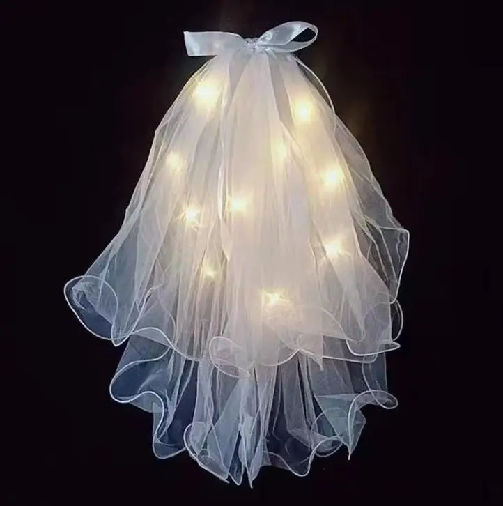 Light Up Lace Veil Glowing Head Covering Pearl Beaded with Comb Hairclip Birthday Party Headwear White 10pcs/lot